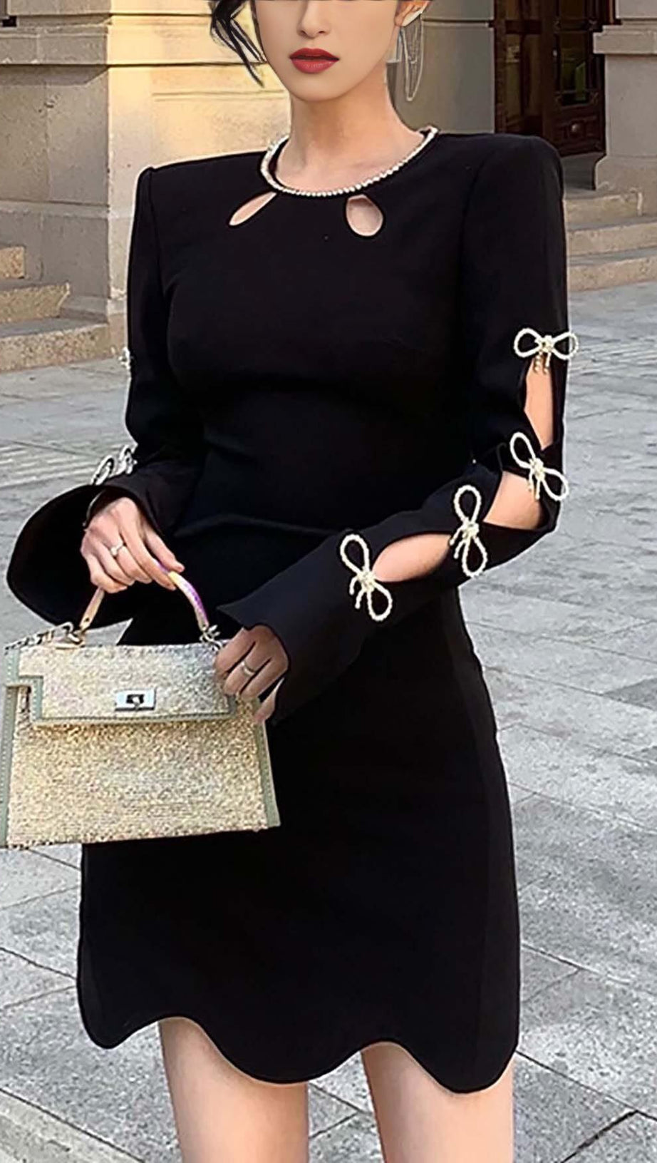 RHINESTONE BOW-EMBELLISHED  MINI DRESS IN BLACK