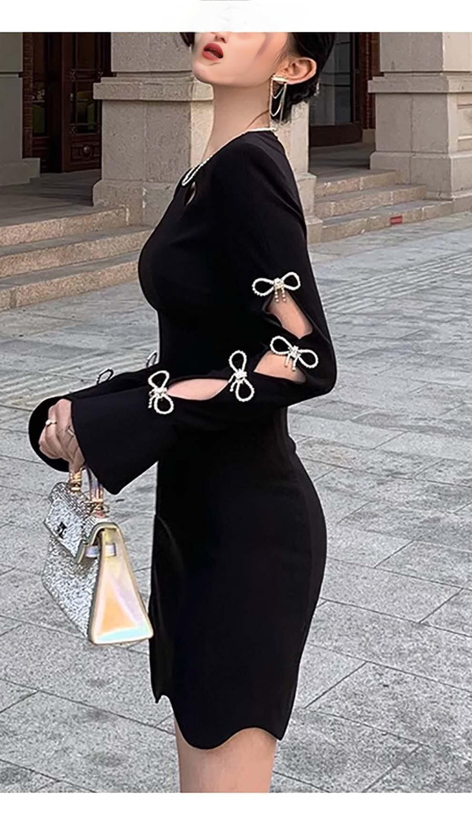 RHINESTONE BOW-EMBELLISHED  MINI DRESS IN BLACK