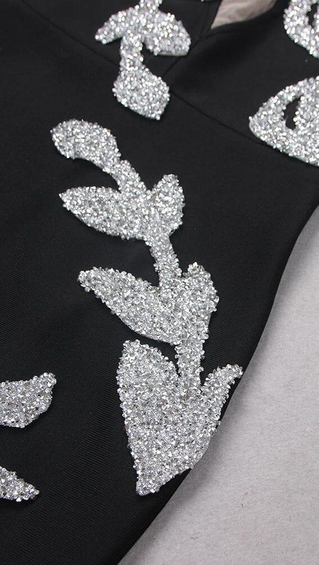 SEQUIN CUT OUT CORSET MIDI DRESS IN BLACK