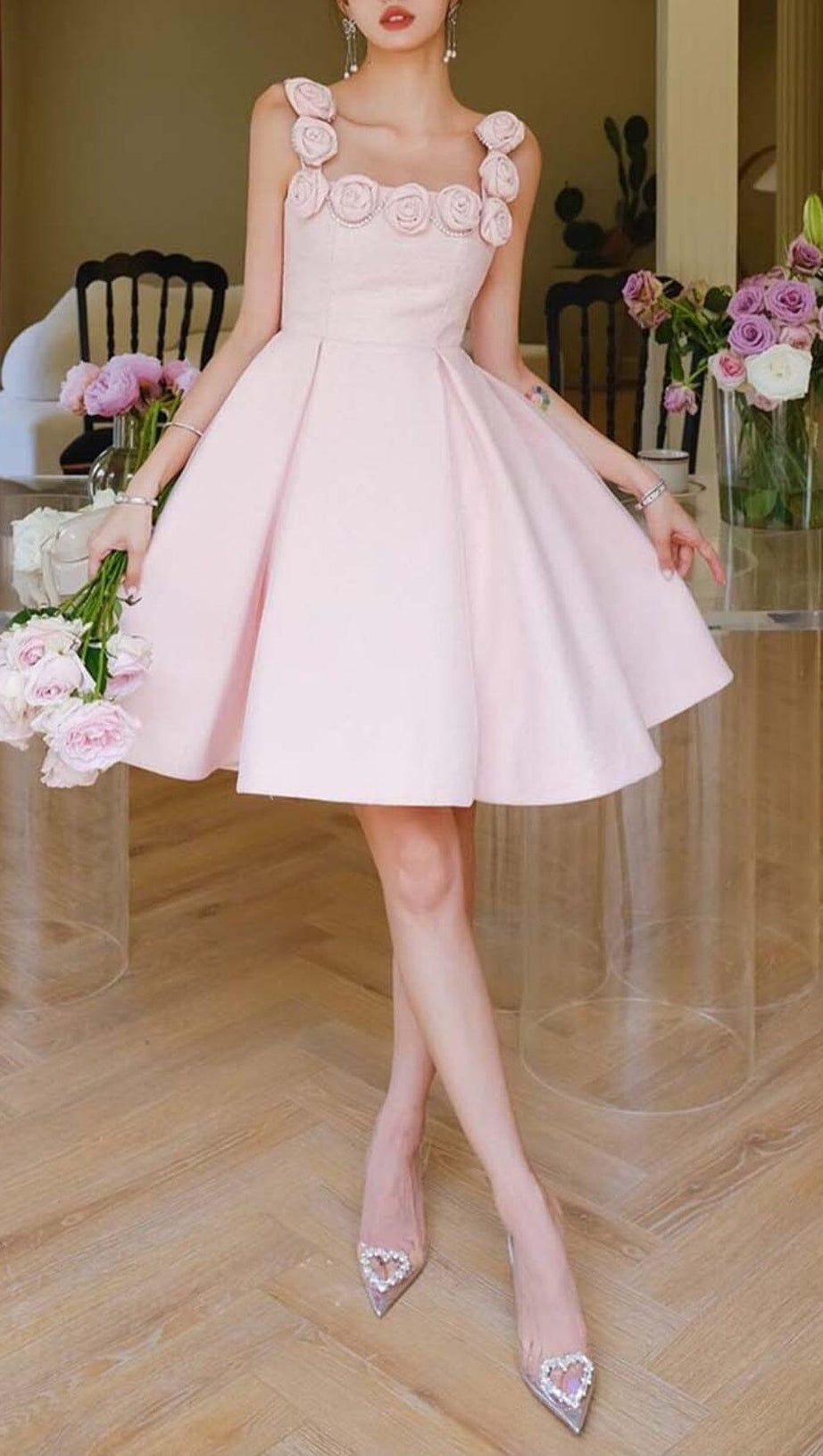 RHINESTONE ROSE APPLIQUE MINI DRESS IN PINK