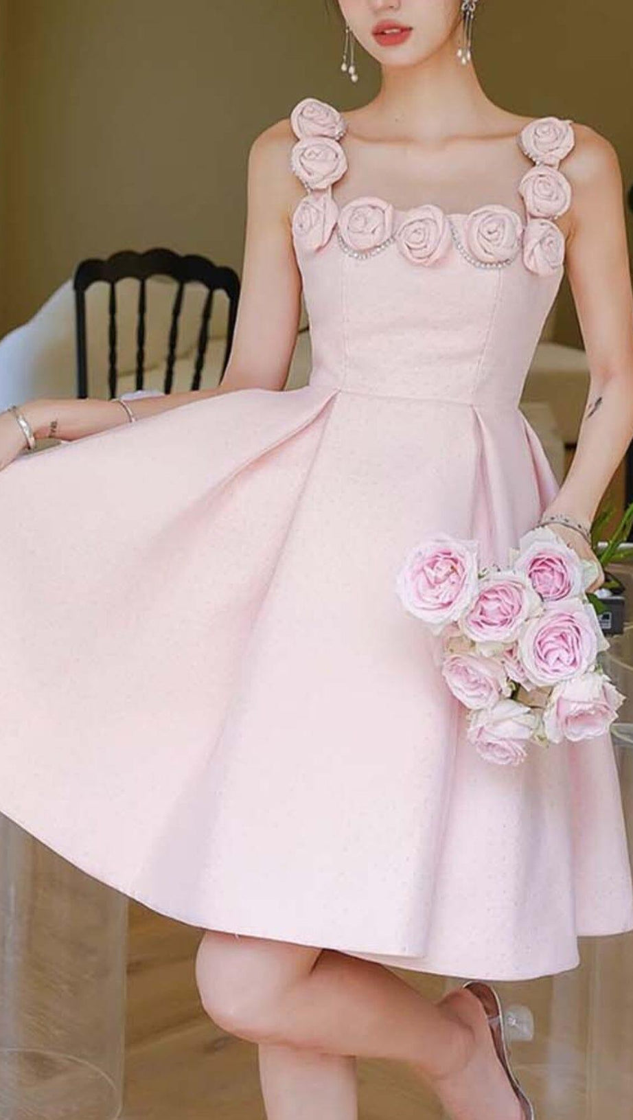 RHINESTONE ROSE APPLIQUE MINI DRESS IN PINK