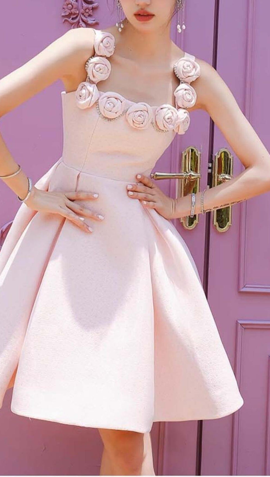 RHINESTONE ROSE APPLIQUE MINI DRESS IN PINK