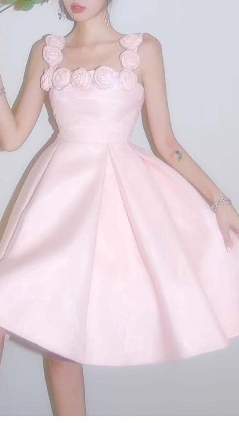 RHINESTONE ROSE APPLIQUE MINI DRESS IN PINK