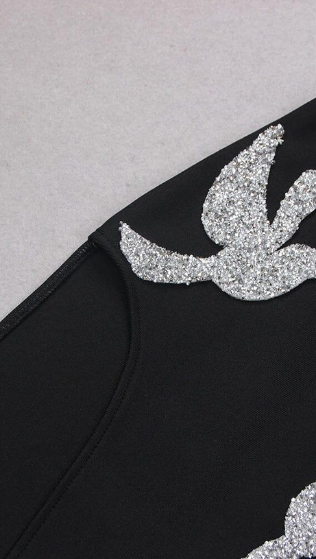 SEQUIN CUT OUT CORSET MIDI DRESS IN BLACK