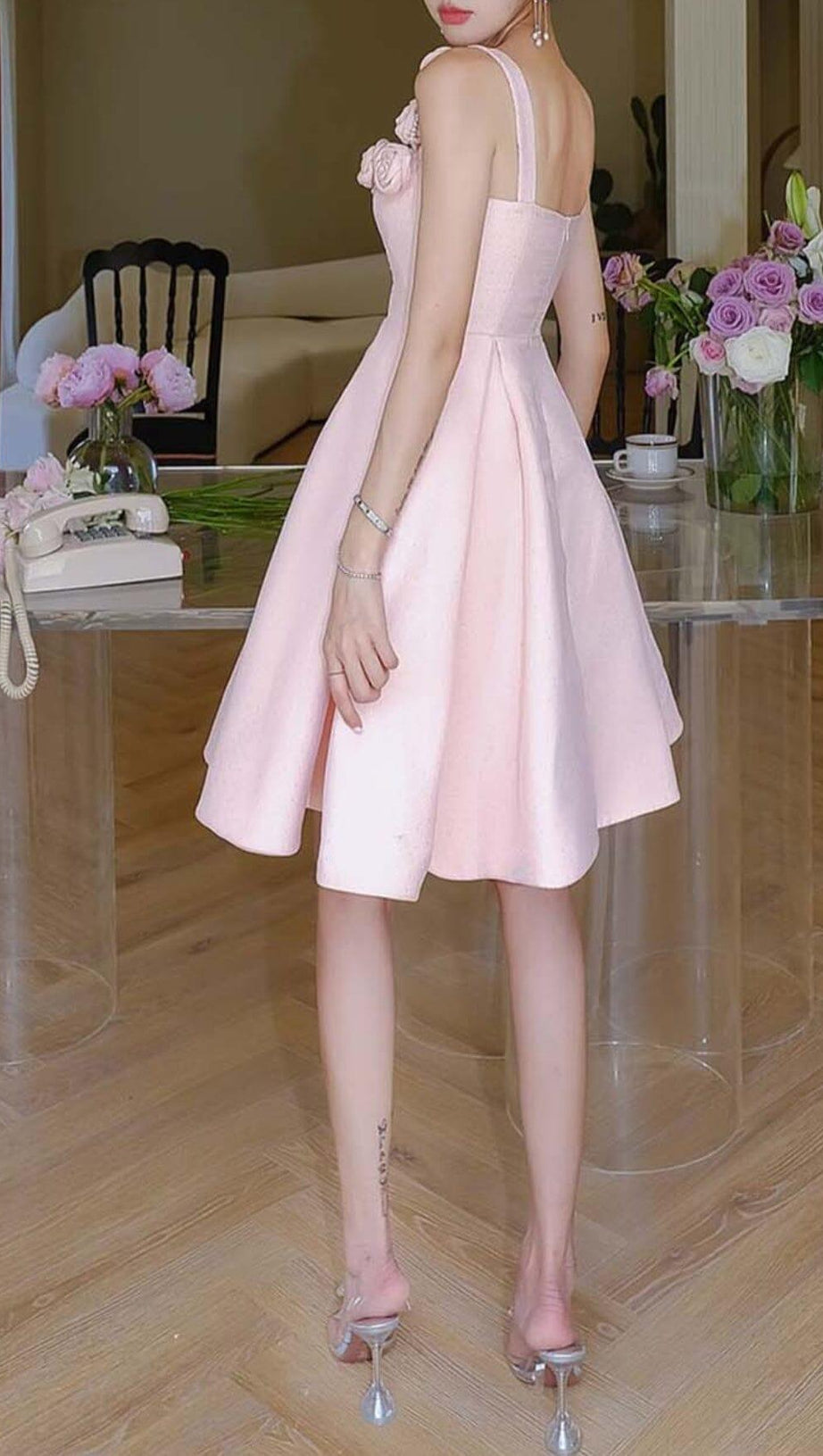 RHINESTONE ROSE APPLIQUE MINI DRESS IN PINK