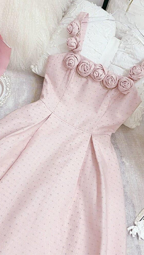 RHINESTONE ROSE APPLIQUE MINI DRESS IN PINK