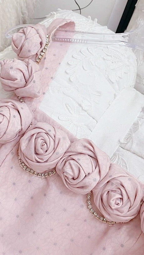 RHINESTONE ROSE APPLIQUE MINI DRESS IN PINK