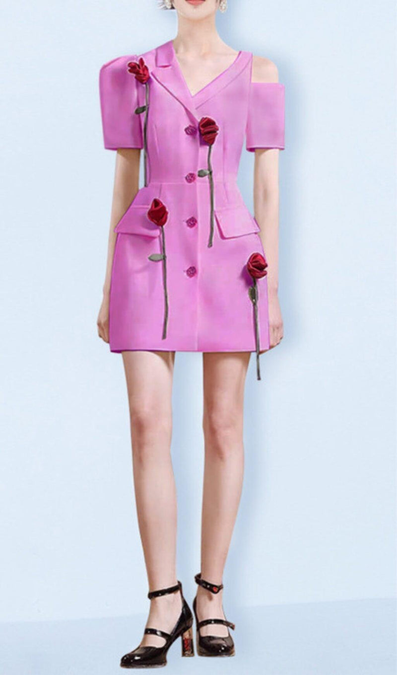 ROSE-EMBELLISHED ASYMMETRIC JACKET DRESS IN PINK