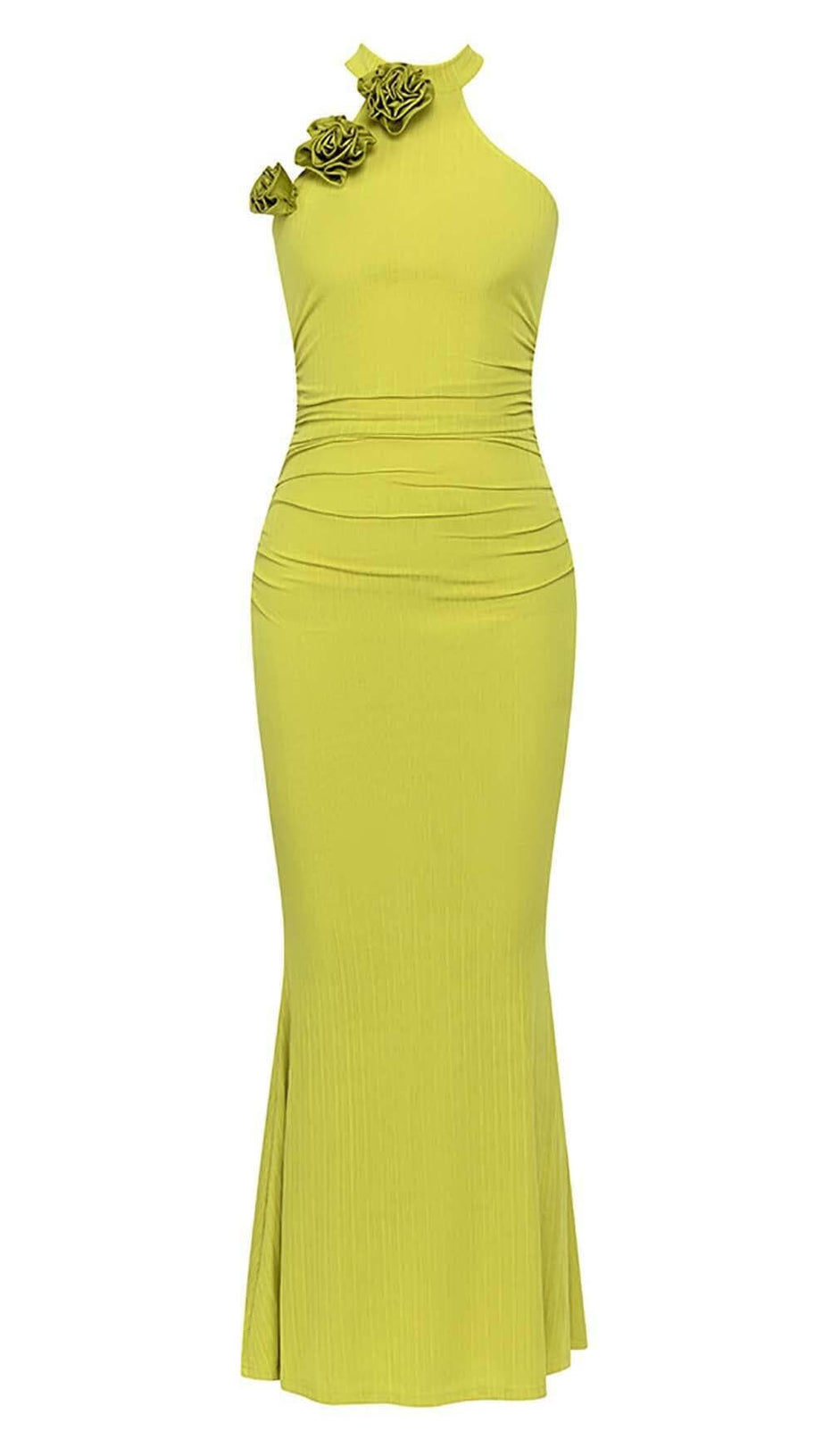 ROSE-EMBELLISHED HALTER MAXI DRESS IN FADED GREEN