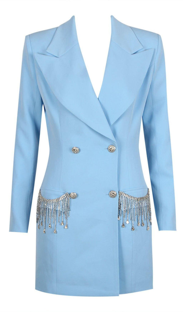 V-NECK BOTTOM JACKET DRESS IN BLUE