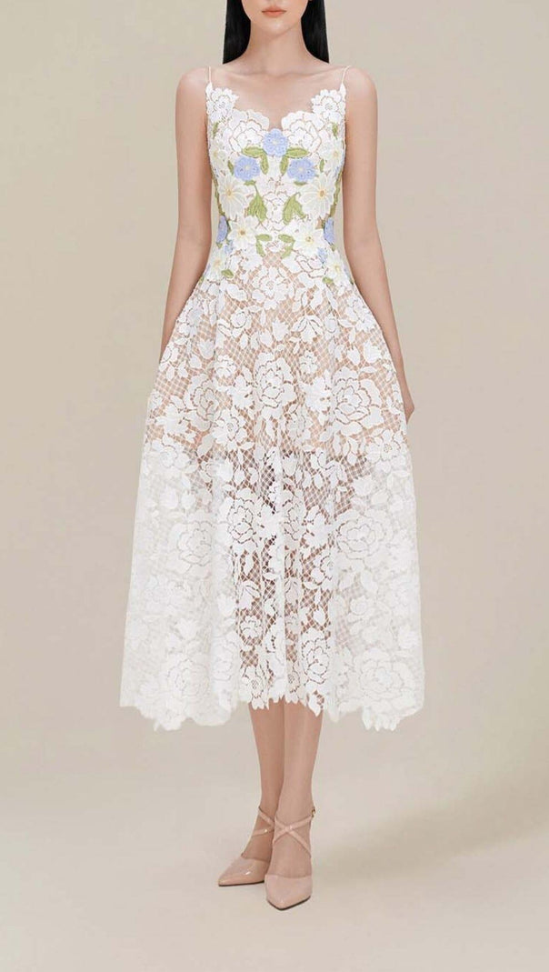 AIIZIE ROSES LACE A-LINE MIDI DRESS IN WHITE - product image