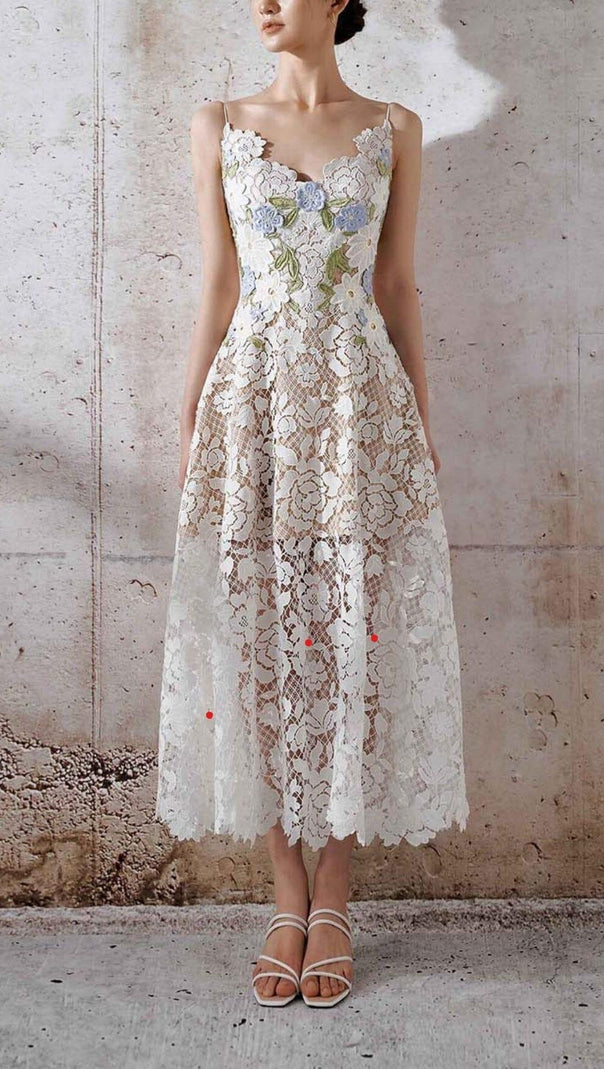 AIIZIE ROSES LACE A-LINE MIDI DRESS IN WHITE - product image