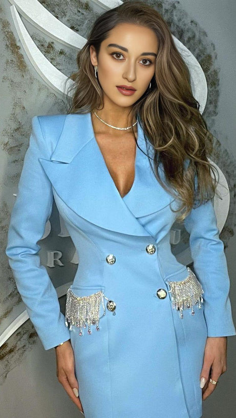 V-NECK BOTTOM JACKET DRESS IN BLUE