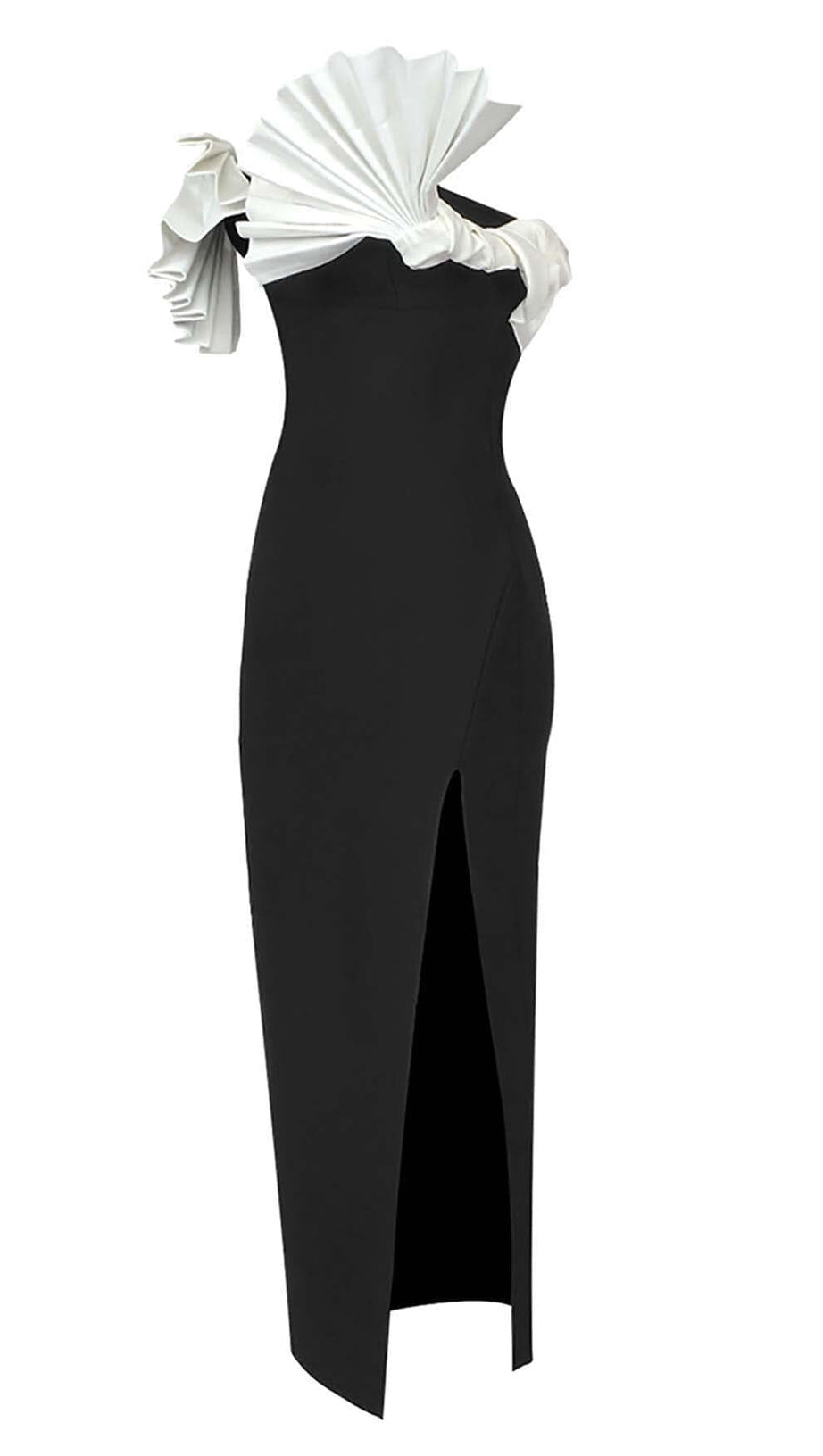 RUFFLED DETAILING SLIT MIDI DRESS IN BLACK