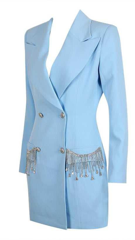 V-NECK BOTTOM JACKET DRESS IN BLUE