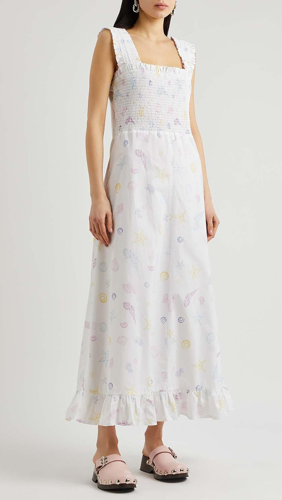 SHELL-PRINT STRAP MIDI DRESS IN WHITE