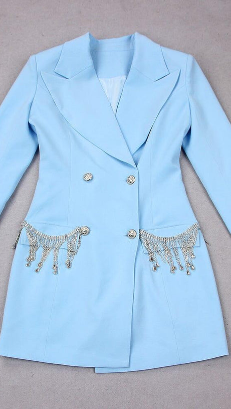 V-NECK BOTTOM JACKET DRESS IN BLUE