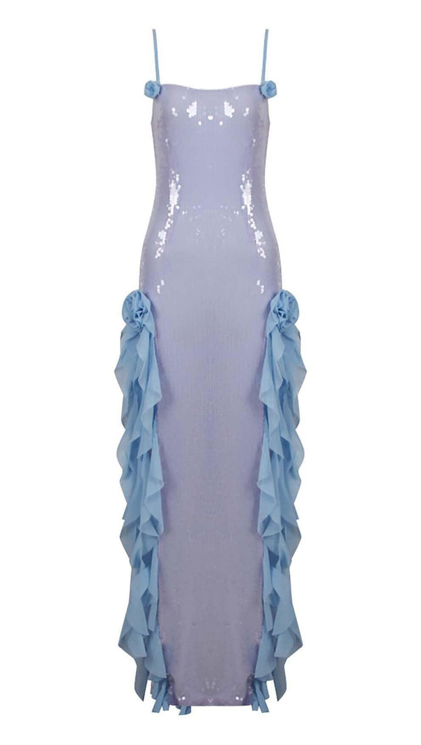 AIIZIE SPAGHETTI STRAP RUFFLE MAXI DRESS IN SKY BLUE - product image