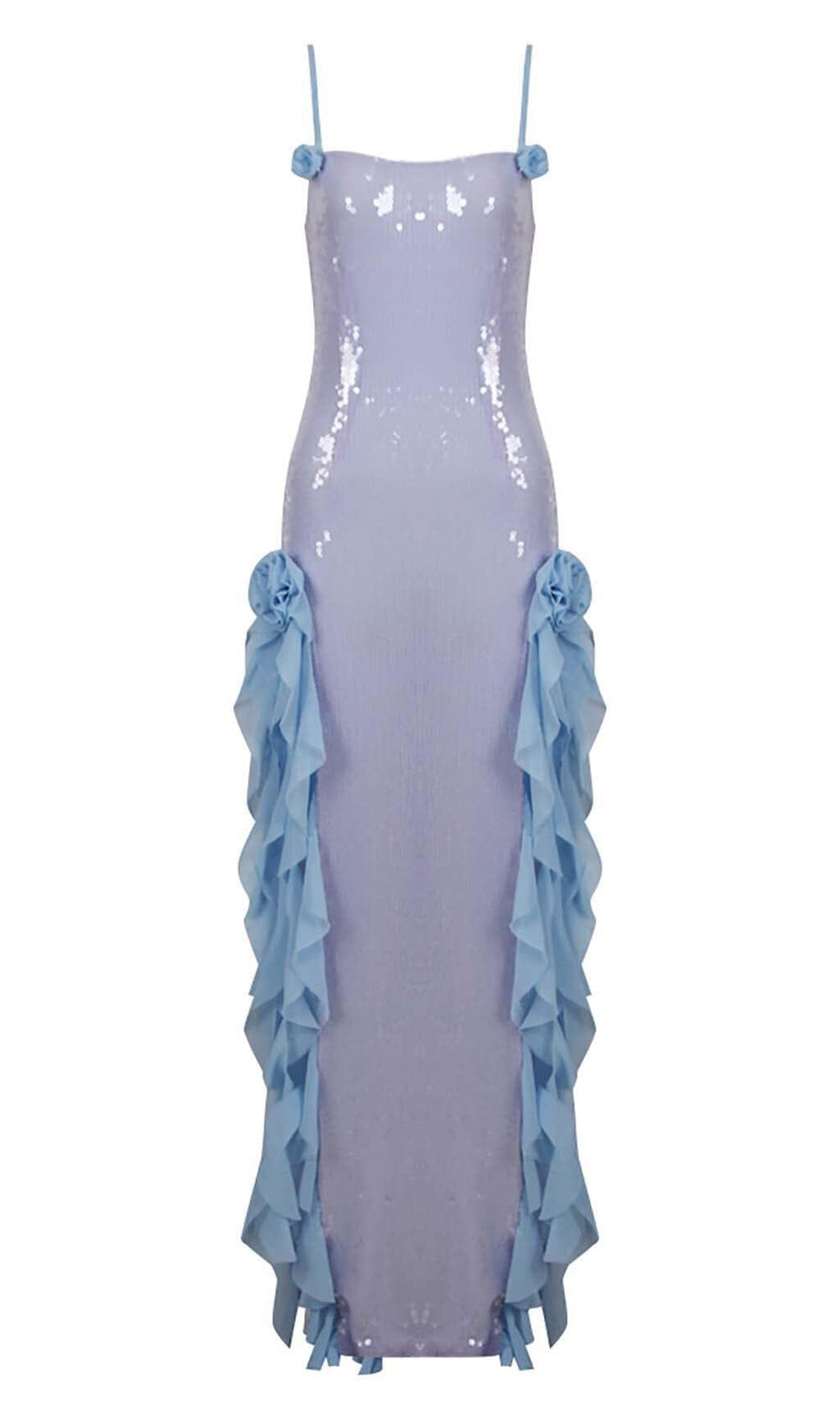 SPAGHETTI STRAP RUFFLE MAXI DRESS IN SKY BLUE