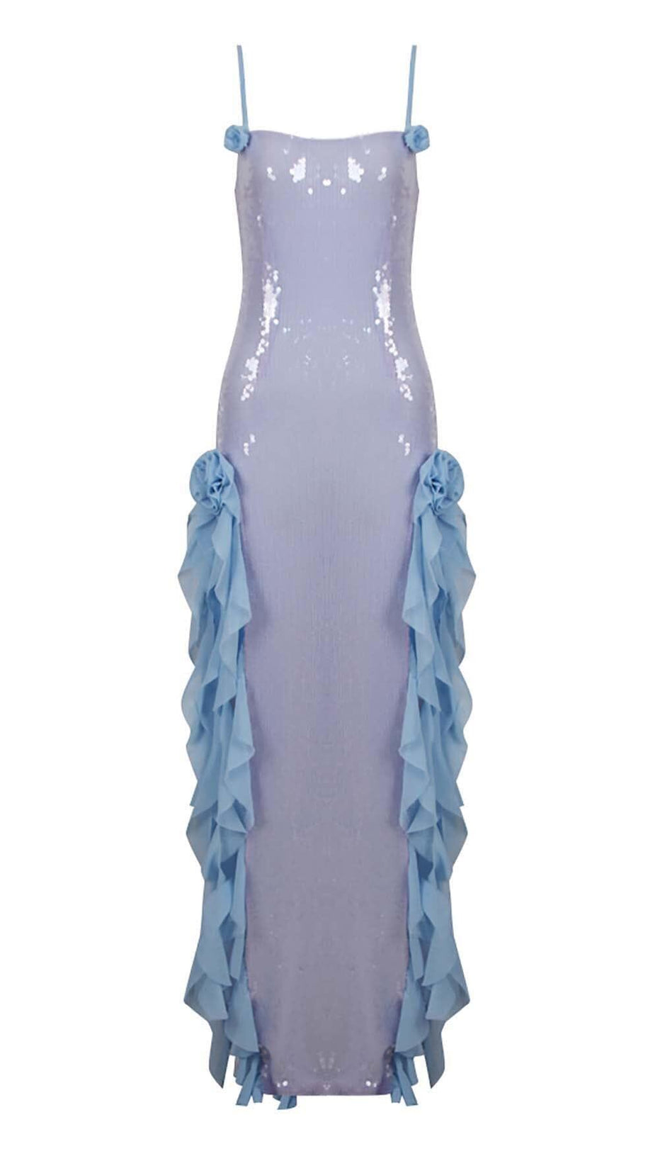 SPAGHETTI STRAP RUFFLE MAXI DRESS IN SKY BLUE