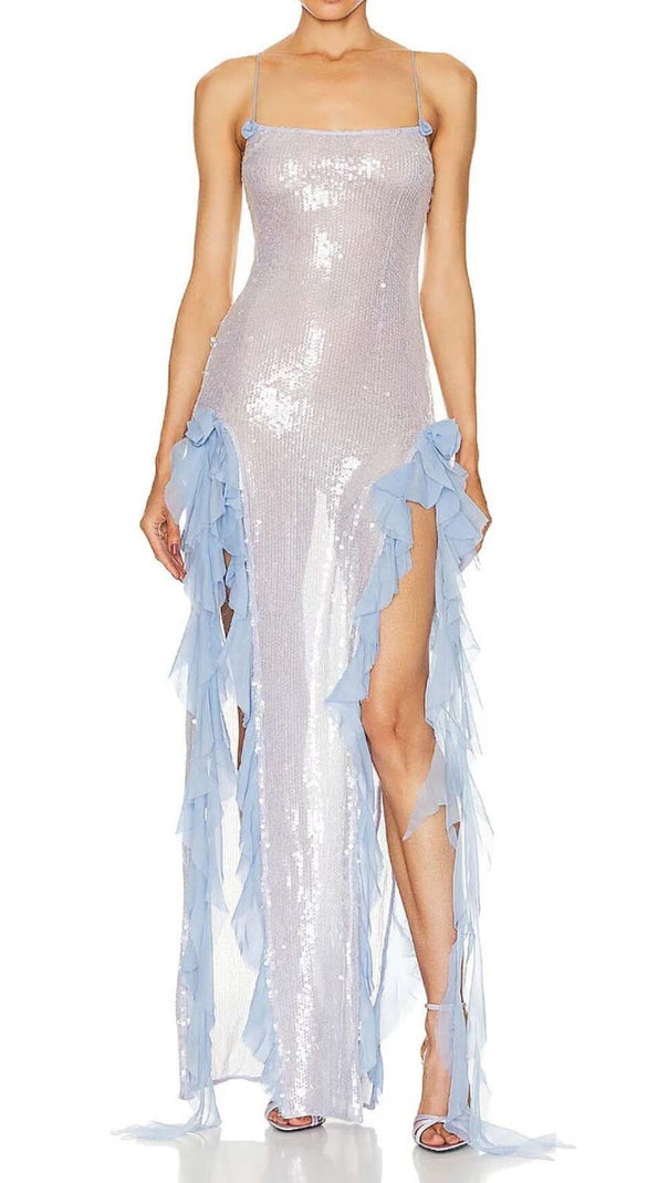 AIIZIE SPAGHETTI STRAP RUFFLE MAXI DRESS IN SKY BLUE - product image