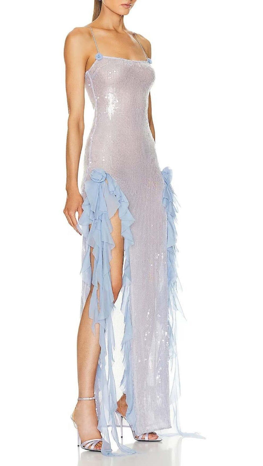 Maxikleid mit Spaghettiträgern und Rüschen in Himmelblau