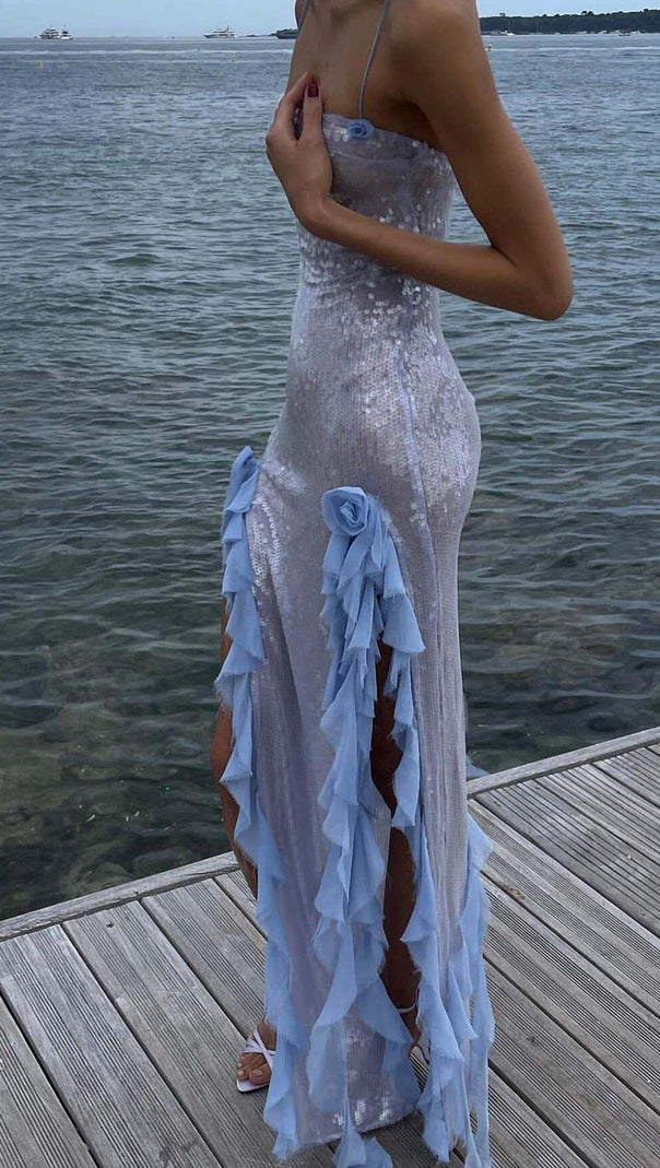 AIIZIE SPAGHETTI STRAP RUFFLE MAXI DRESS IN SKY BLUE - product image