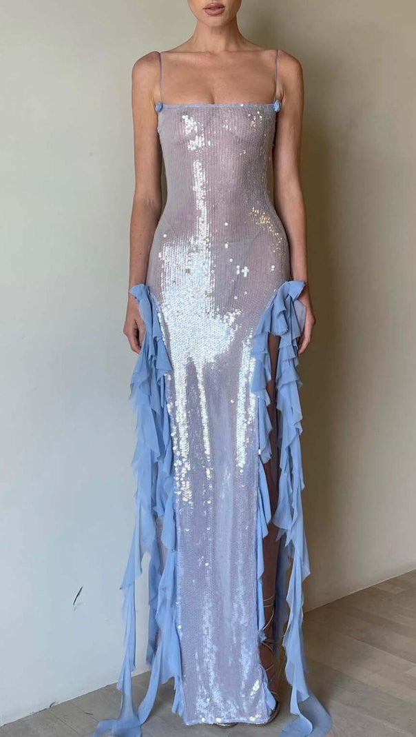 AIIZIE SPAGHETTI STRAP RUFFLE MAXI DRESS IN SKY BLUE - product image