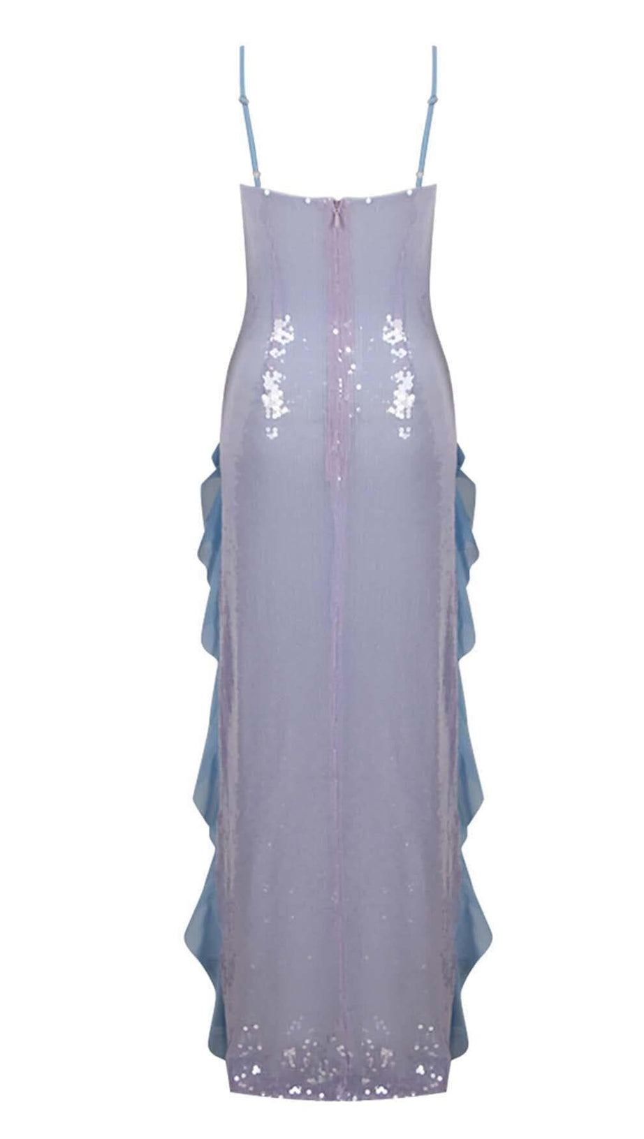 Maxikleid mit Spaghettiträgern und Rüschen in Himmelblau