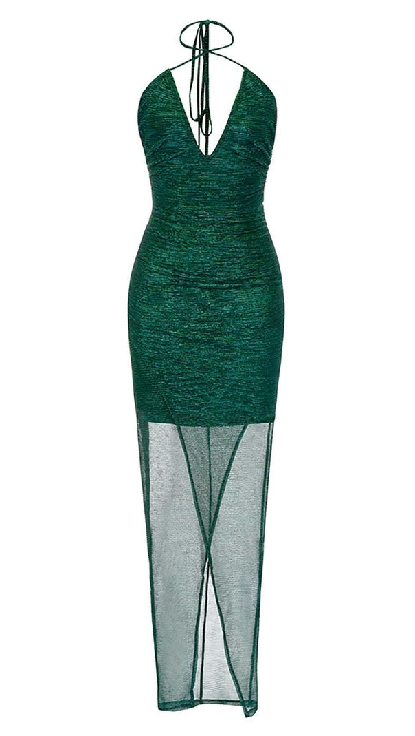 AIIZIE SPLIT THIGH MESH MIDI DRESS IN OLIVE GREEN - product image