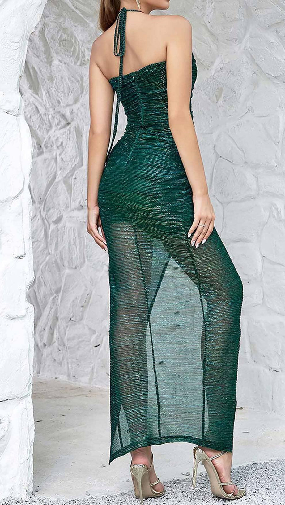 SPLIT THIGH MESH MIDI DRESS IN OLIVE GREEN