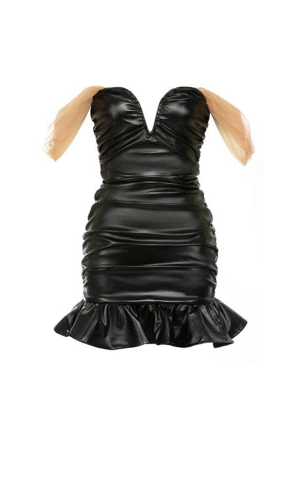 STRAPLESS LEATHER MINI DRESS IN BLACK