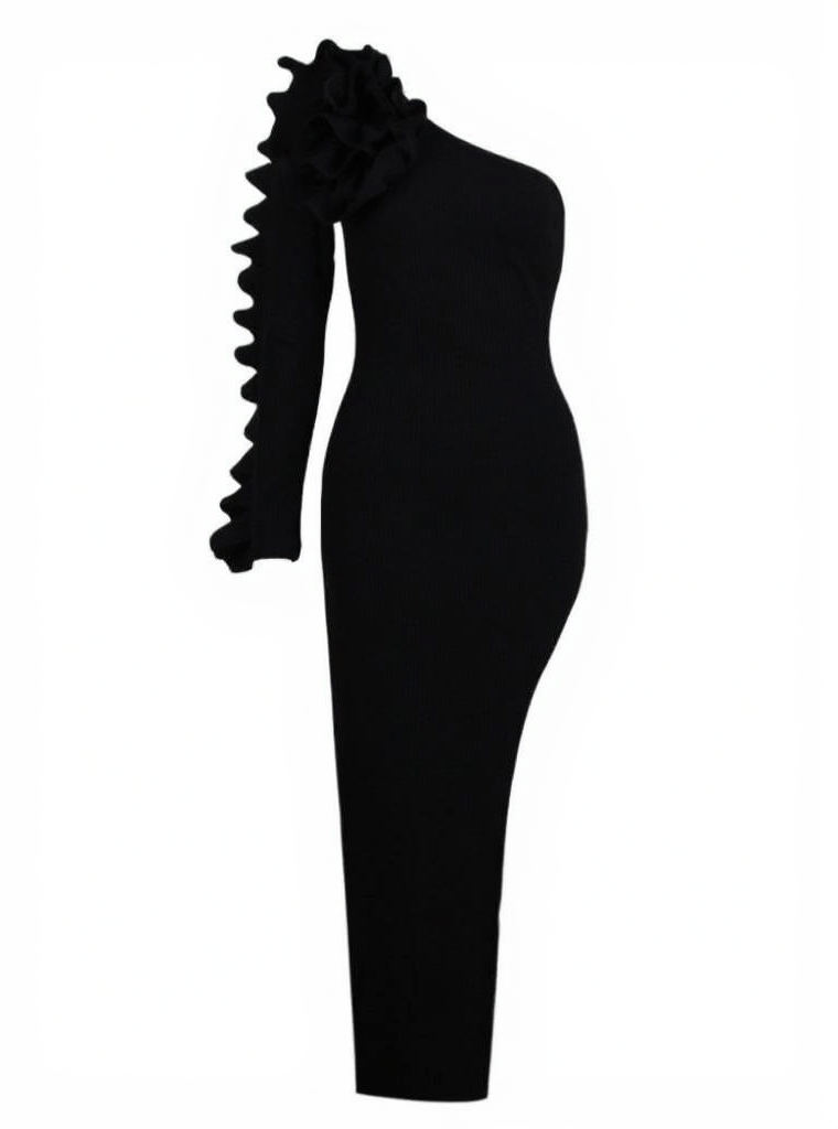 AIIZIE CLIET ONE SHOULDER RUFFLE ASYMMETRIC KNIT DRESS - product image