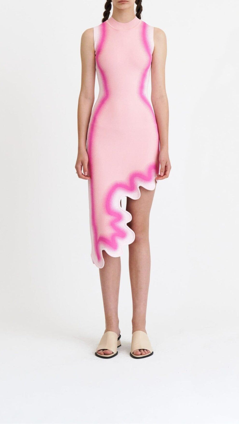 ASYMMETRISCHES HIGH-LOW-KLEID MIT STREIFEN IN PINK