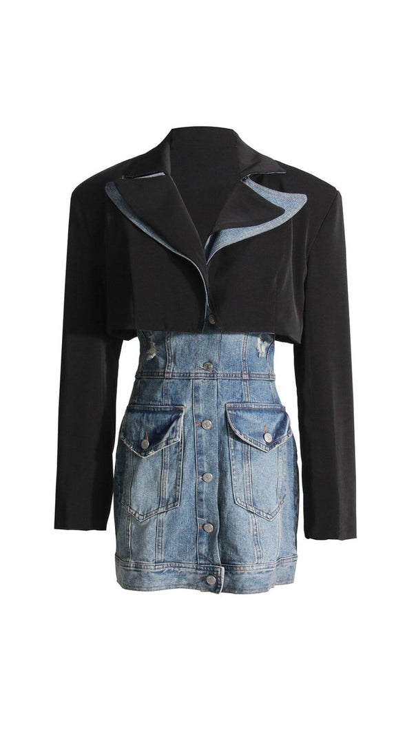 AIIZIE SUIT COLLAR PATCHWORK DENIM TWO-PIECE SUIT - product image