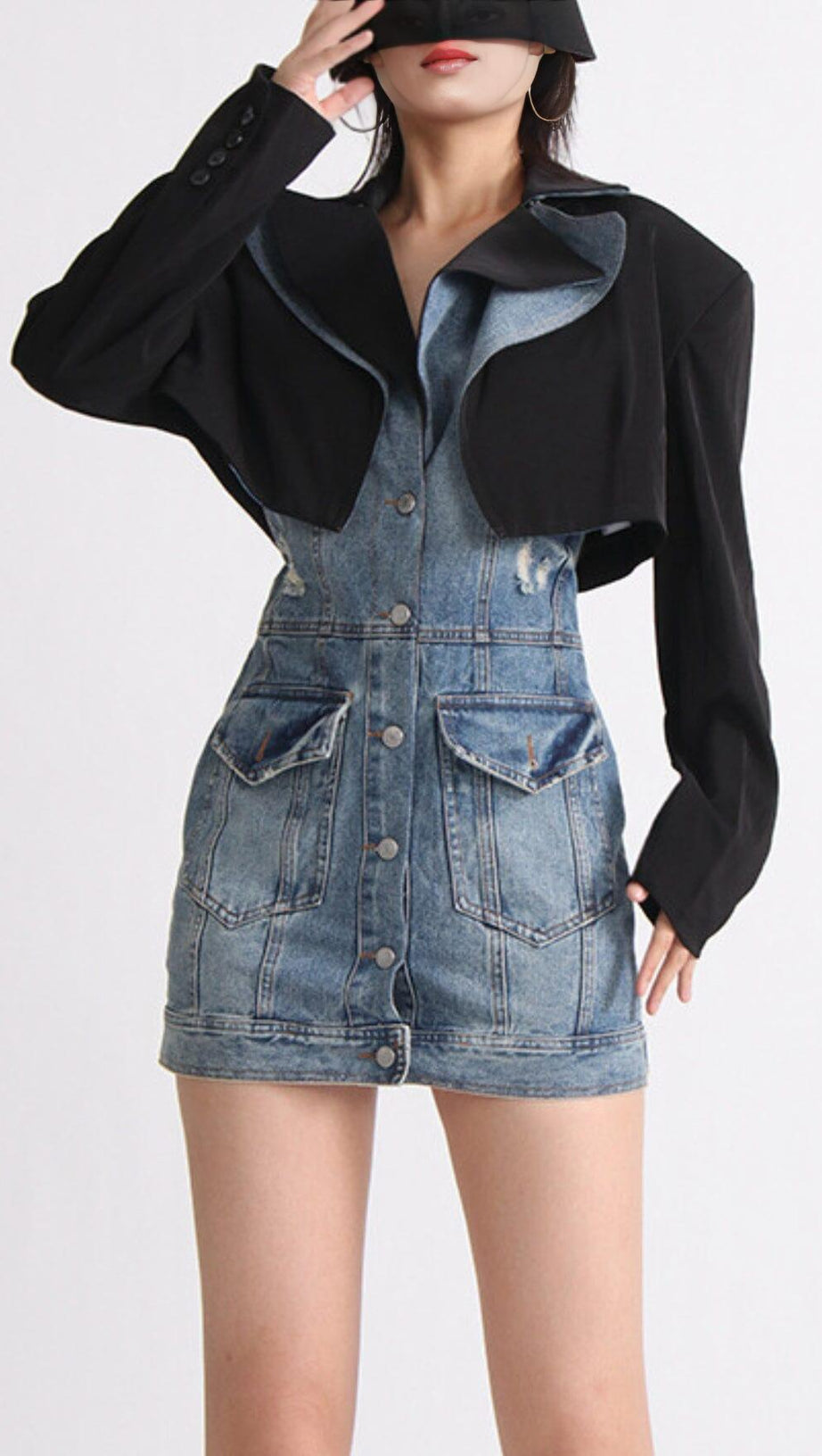 Zweiteiliger Anzug aus Denim mit Patchwork-Kragen