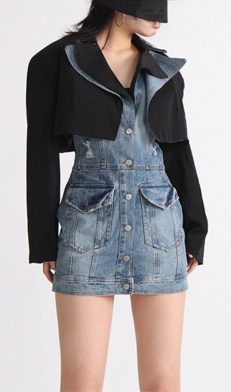 SUIT COLLAR PATCHWORK DENIM TWO-PIECE SUIT