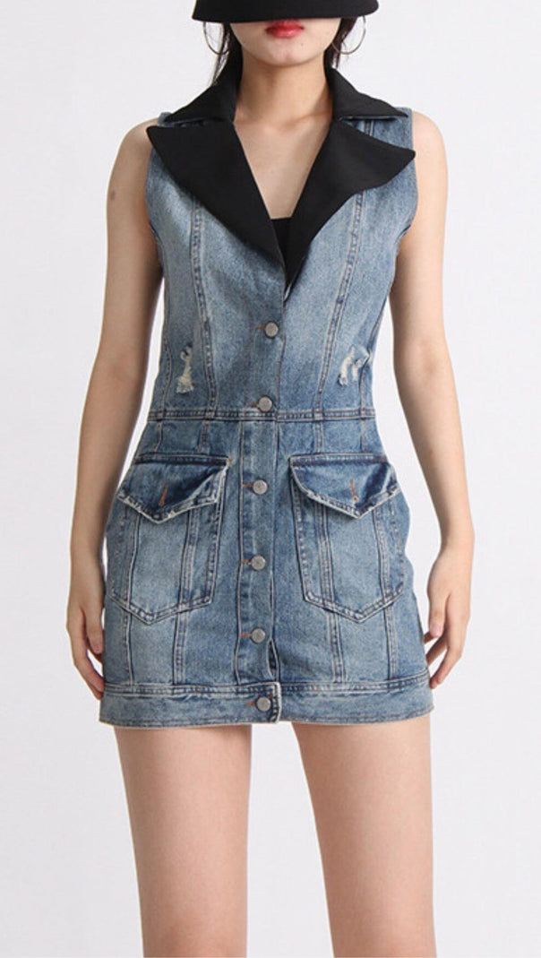 AIIZIE SUIT COLLAR PATCHWORK DENIM TWO-PIECE SUIT - product image
