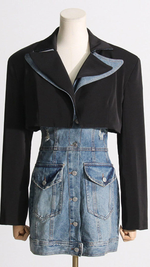 AIIZIE SUIT COLLAR PATCHWORK DENIM TWO-PIECE SUIT - product image