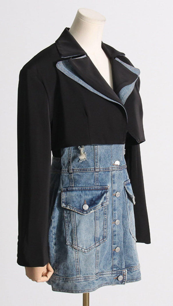 AIIZIE SUIT COLLAR PATCHWORK DENIM TWO-PIECE SUIT - product image