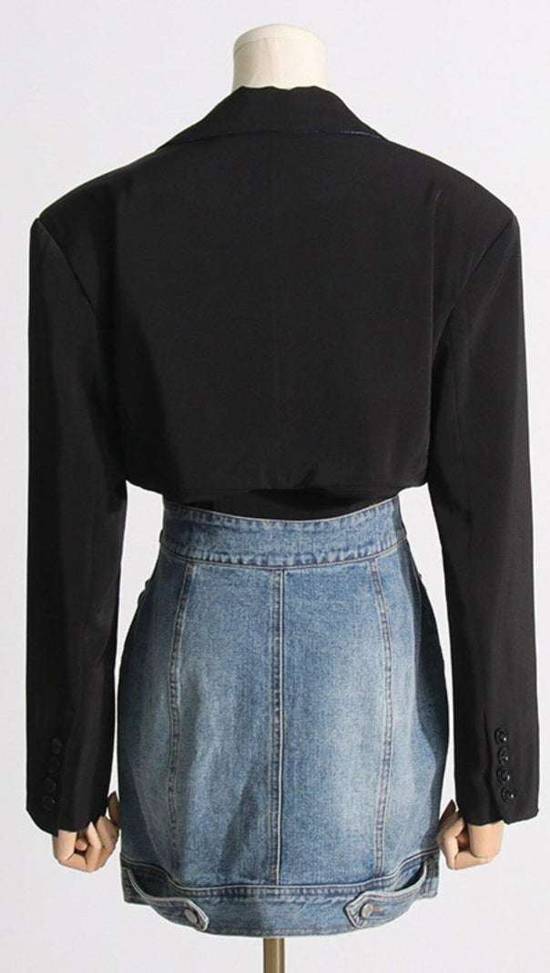 AIIZIE SUIT COLLAR PATCHWORK DENIM TWO-PIECE SUIT - product image