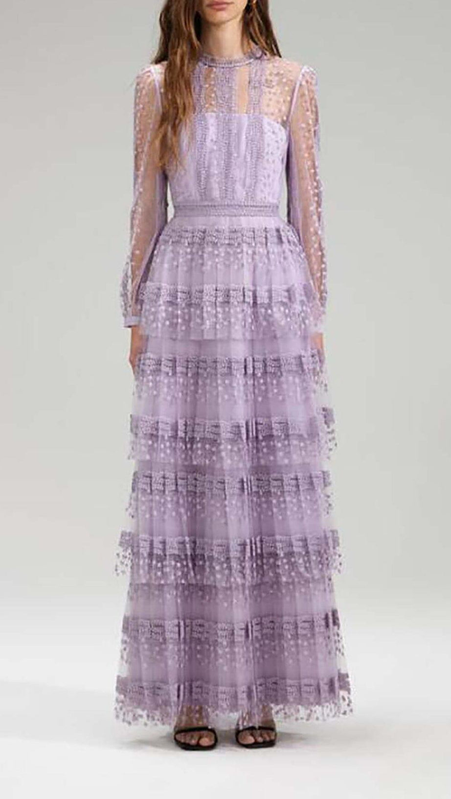 TIERED LACE MAXI DRESS IN LILAC