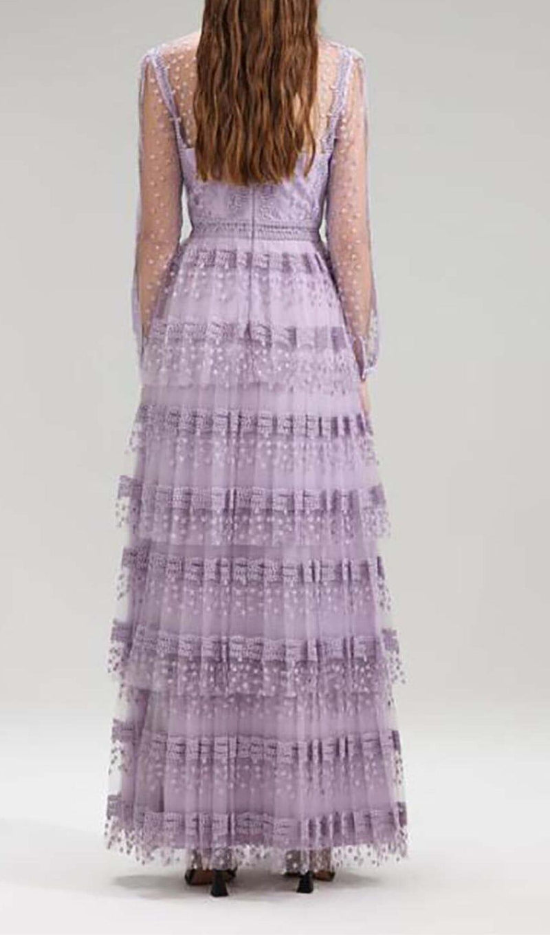 TIERED LACE MAXI DRESS IN LILAC