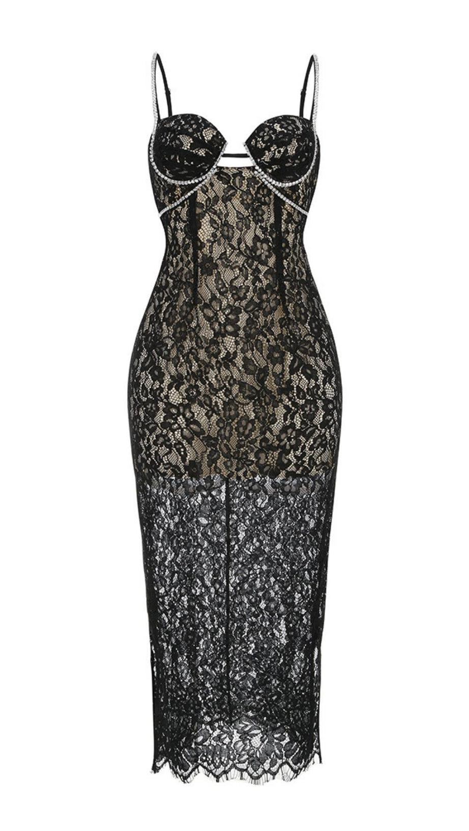 SLEEVELESS LACE MIDI DRESS IN BLACK