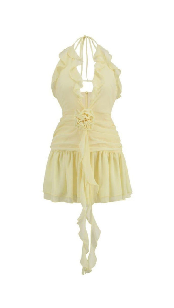 AIIZIE V NECK FLOWER RUFFLE MINI DRESS IN YELLOW - product image