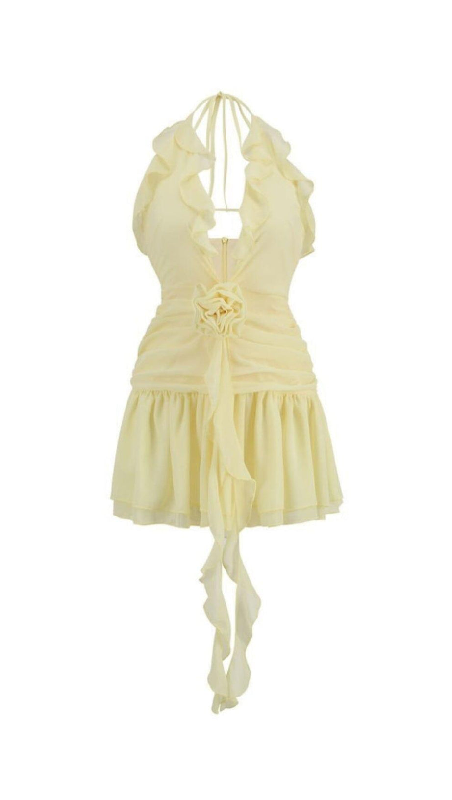 GELBES MINIKLEID MIT V-AUSSCHNITT UND BLUMENRÜSCHEN