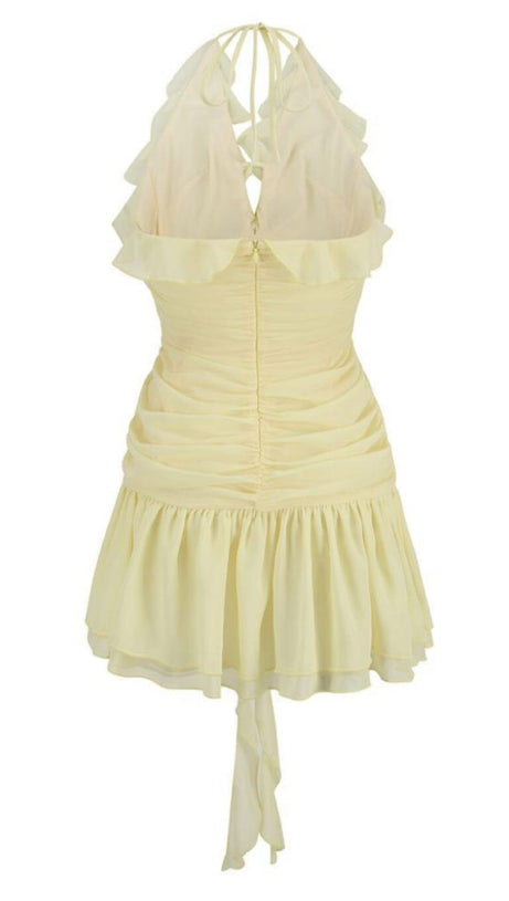 MINI ABITO CON SCOLLO A V E VOLANT A FIORI IN GIALLO