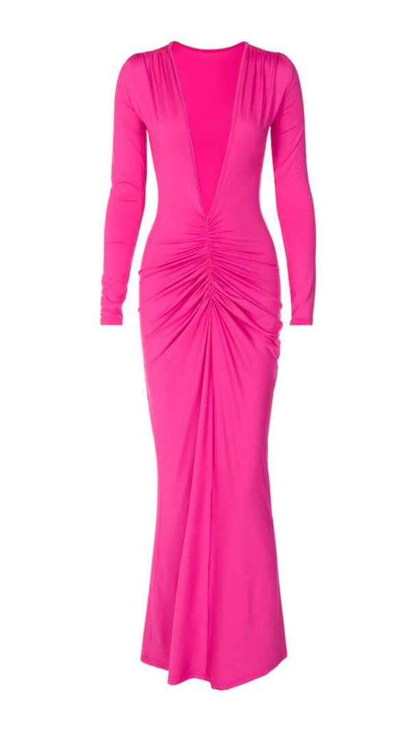 AIIZIE V NECK RUCHED MAXI DRESS IN HOT PINK - product image