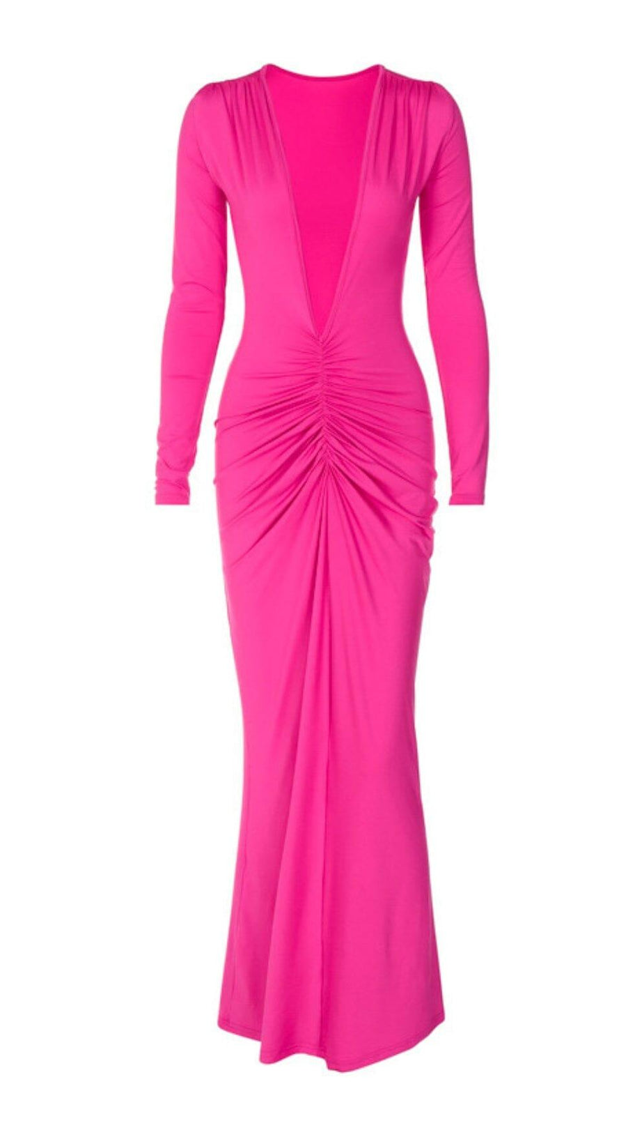 V NECK RUCHED MAXI DRESS IN HOT PINK