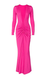 V NECK RUCHED MAXI DRESS IN HOT PINK